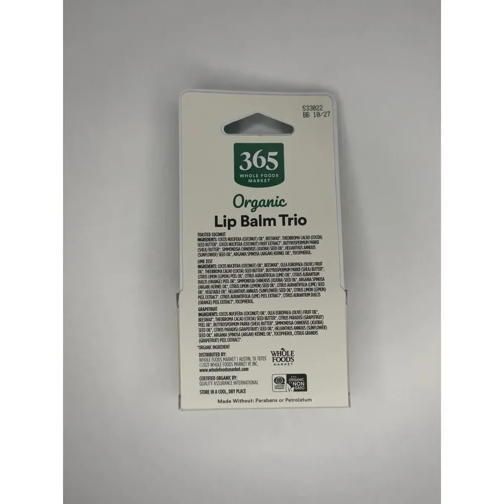 Set of 2! 365 Whole Foods Market Organic Lip Balm 3 Pack Coconut Lime Grapefruit